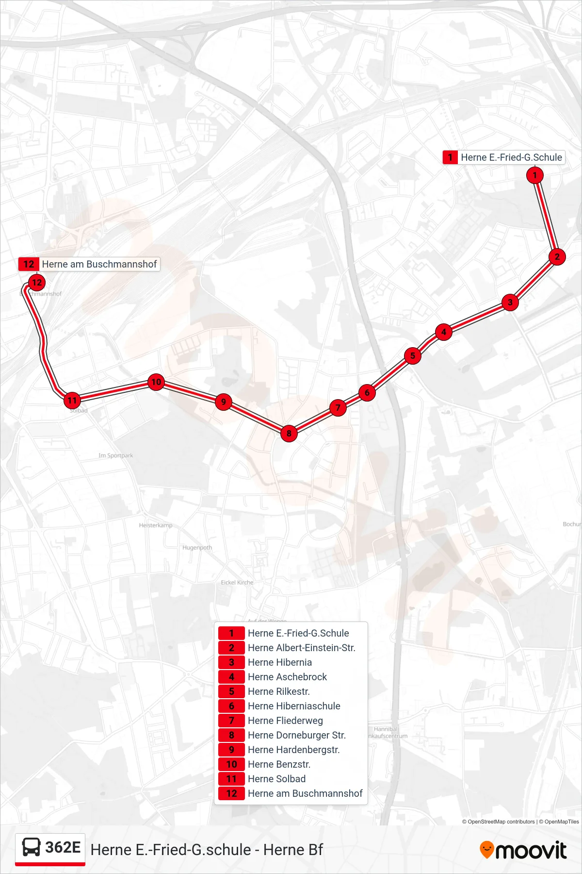 362E bus Line (Herne am Buschmannshof) route and stops on a map