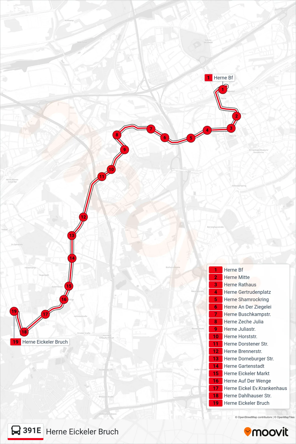 Linie 391E (Bus) Richtung Herne Eickeler Bruch: Route und Haltestellen auf der Karte