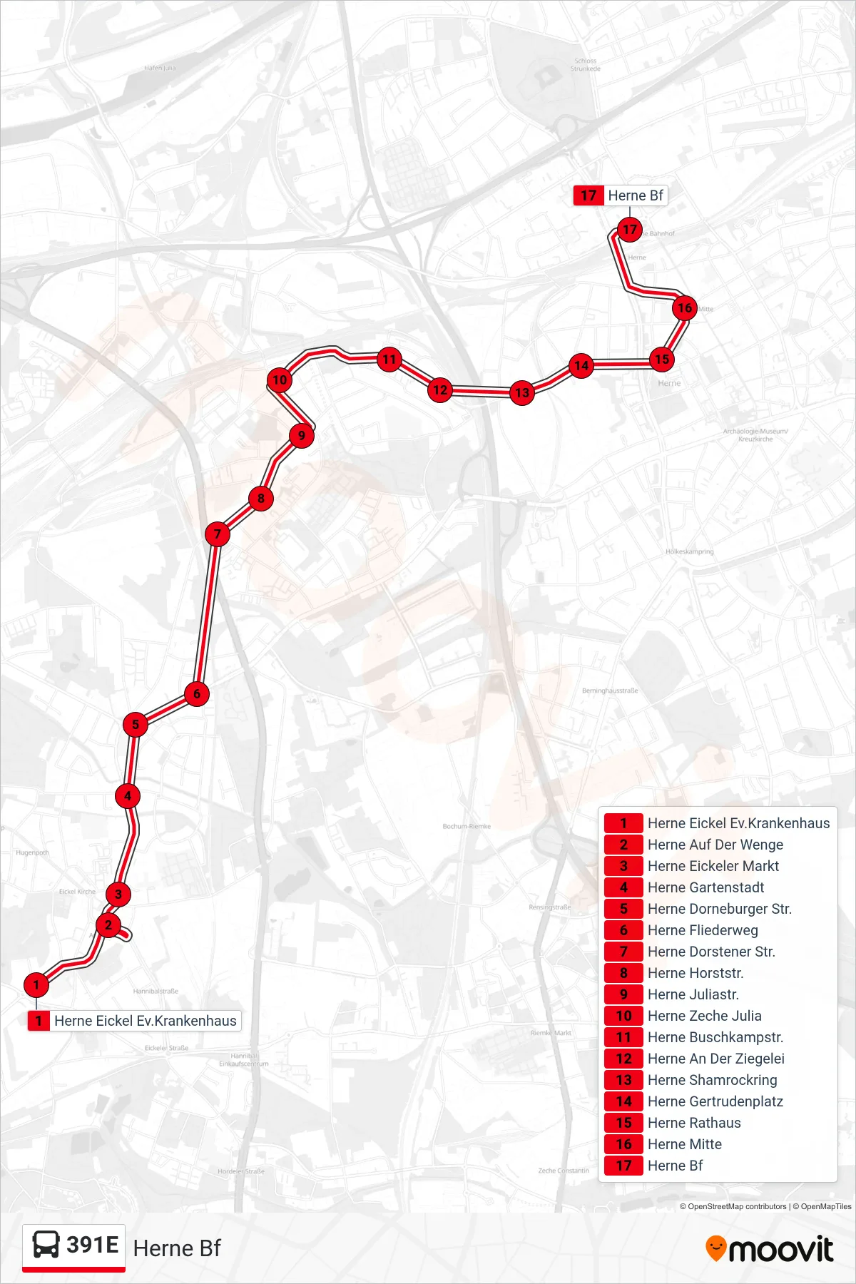 Linie 391E (Bus) Richtung Herne Bf: Route und Haltestellen auf der Karte