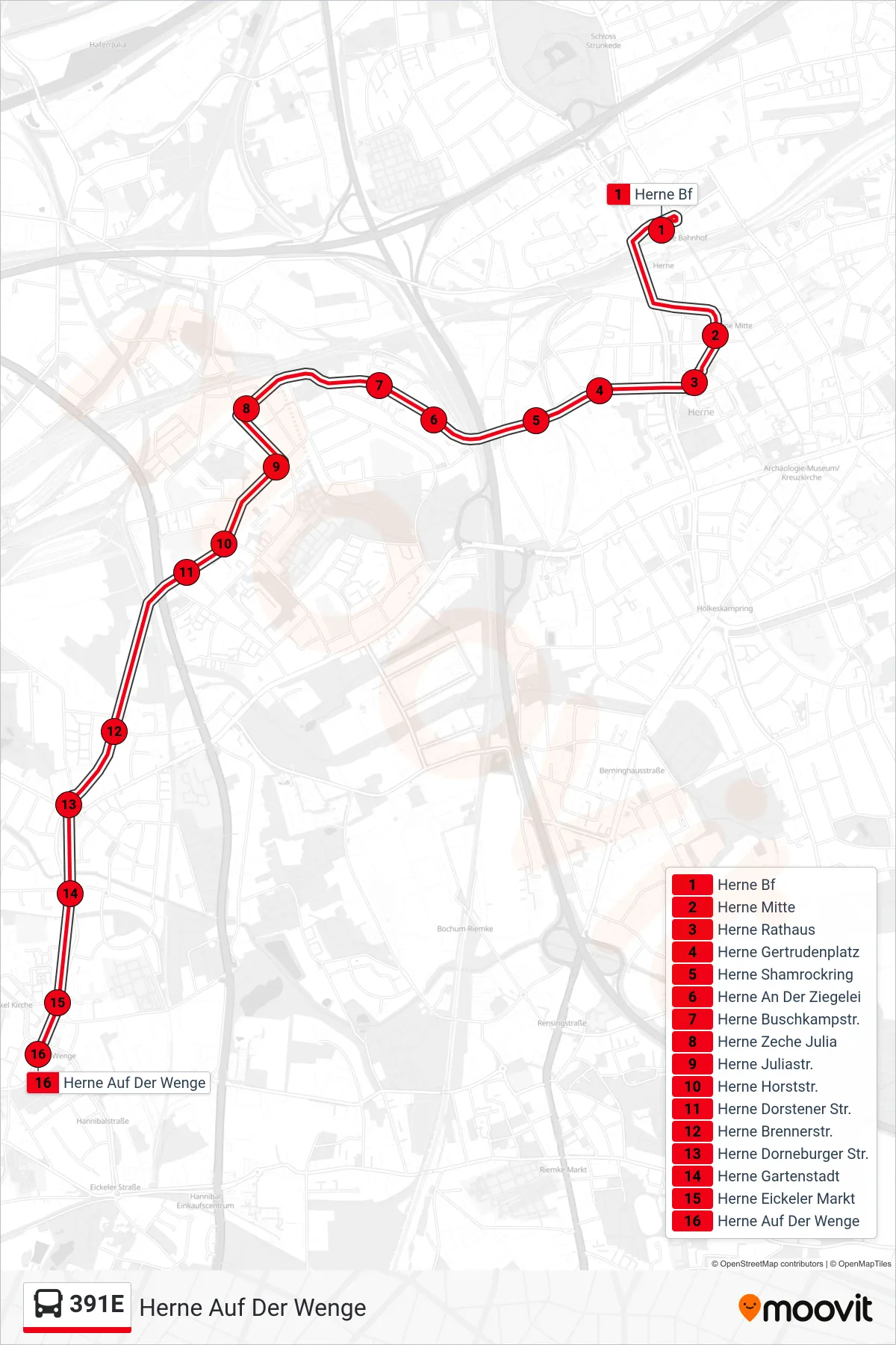 Linie 391E (Bus) Richtung Herne Auf Der Wenge: Route und Haltestellen auf der Karte