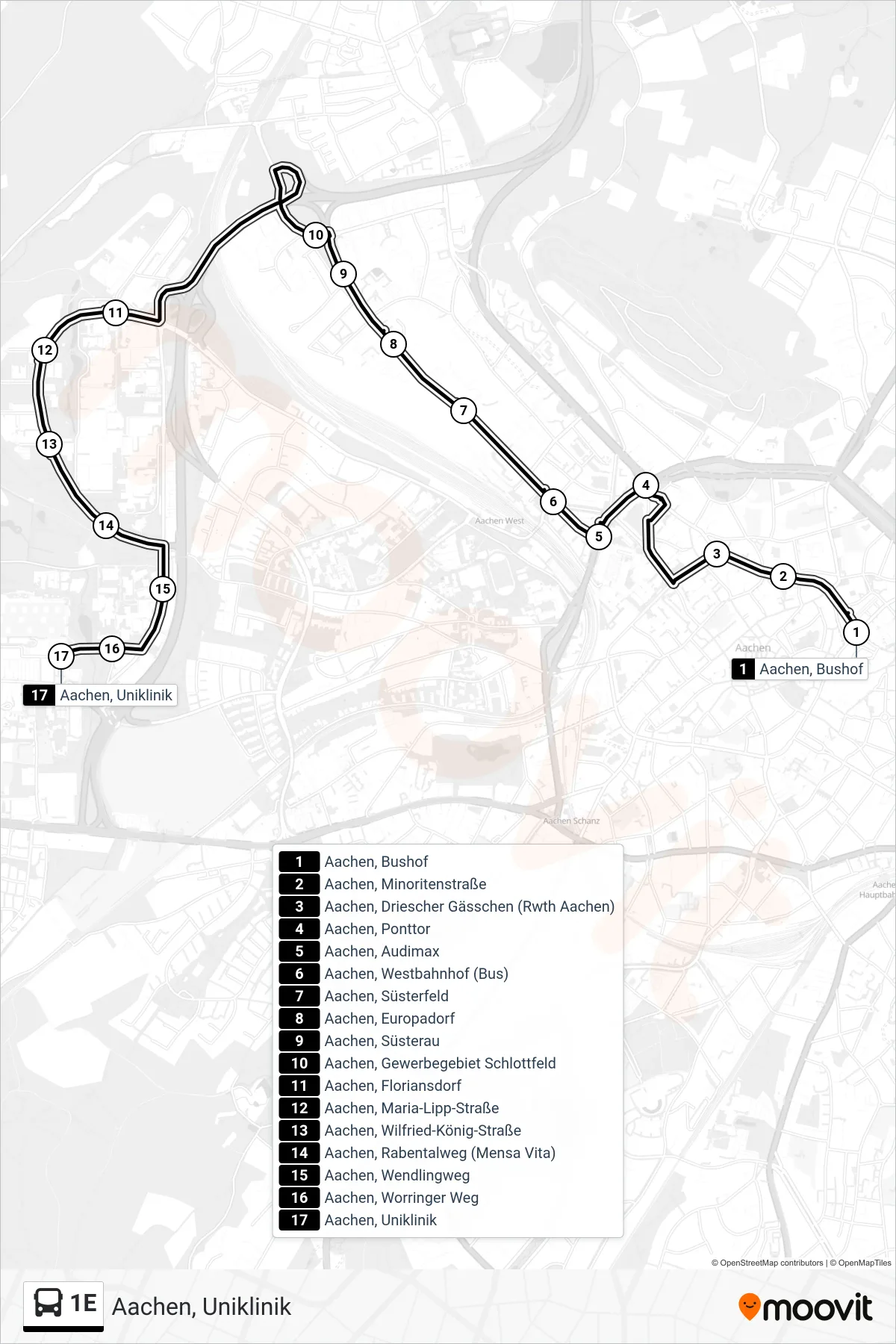 Linie 1E (Bus) Richtung Aachen, Uniklinik: Route und Haltestellen auf der Karte