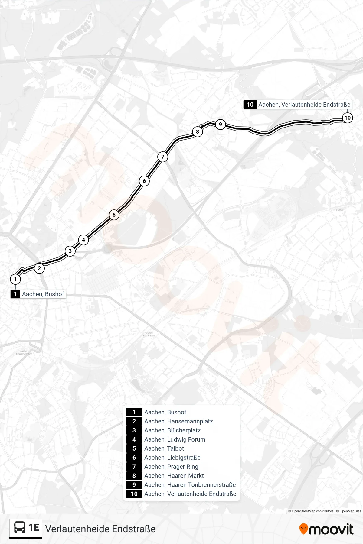 Linie 1E (Bus) Richtung Verlautenheide Endstraße: Route und Haltestellen auf der Karte