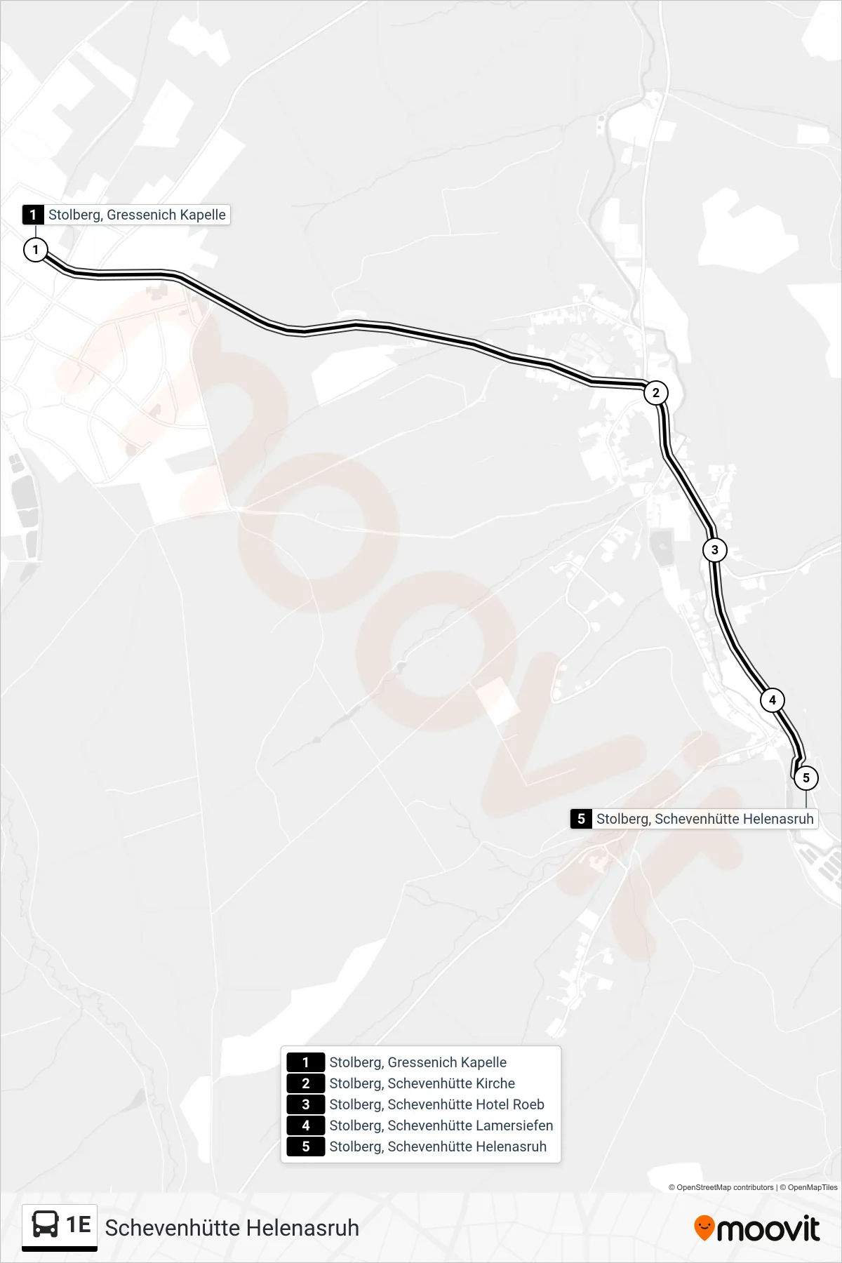 1E bus Line (Schevenhütte Helenasruh) route and stops on a map