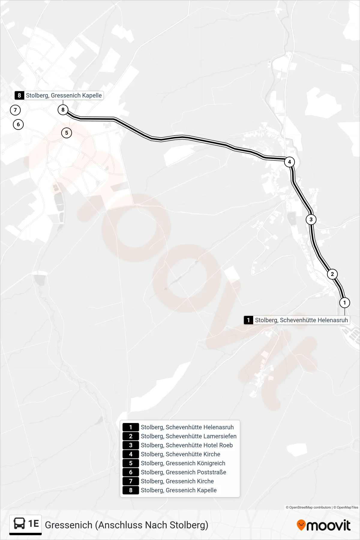Linie 1E (Bus) Richtung Gressenich (Anschluss Nach Stolberg): Route und Haltestellen auf der Karte