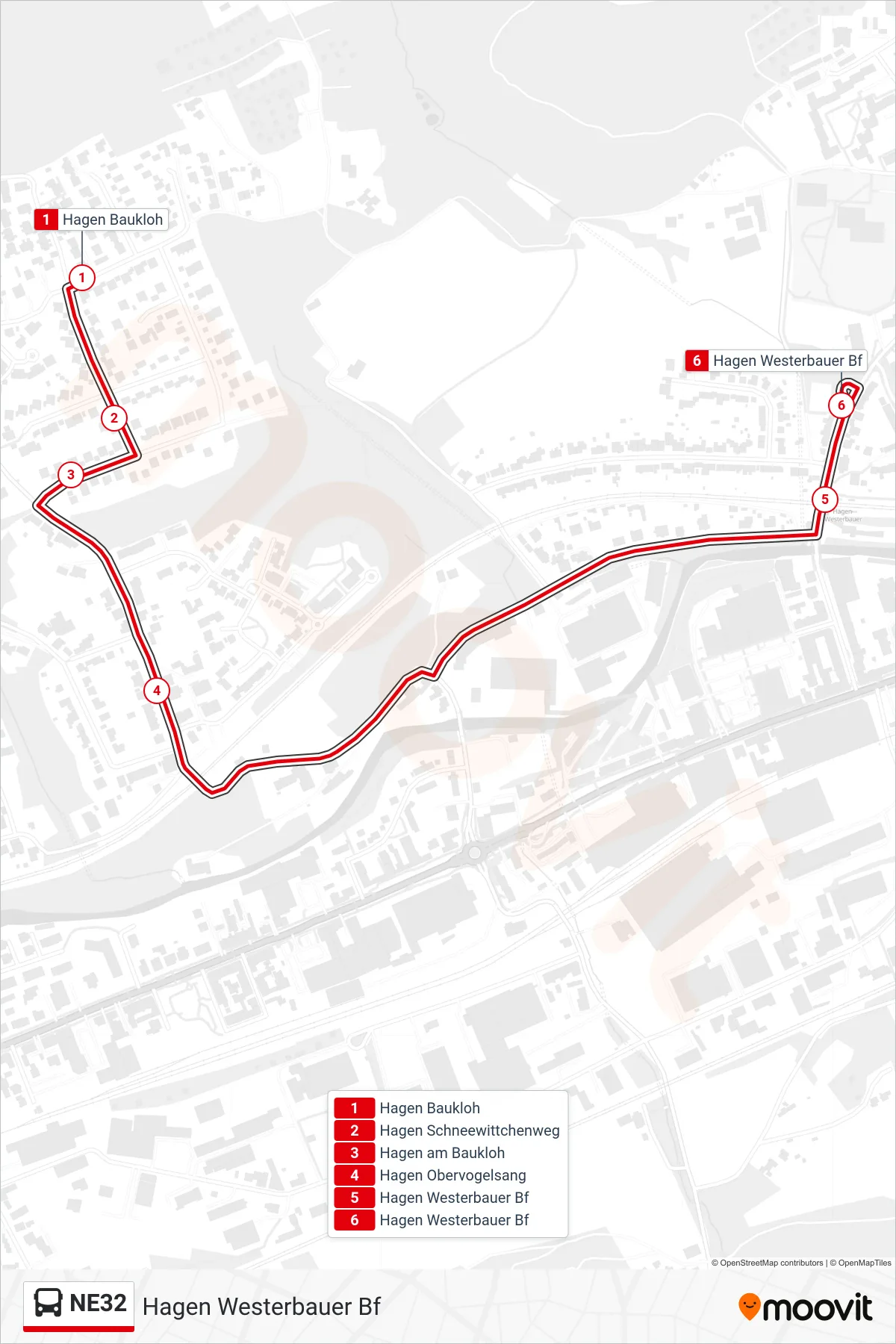 NE32 bus Line (Hagen Westerbauer Bf) route and stops on a map