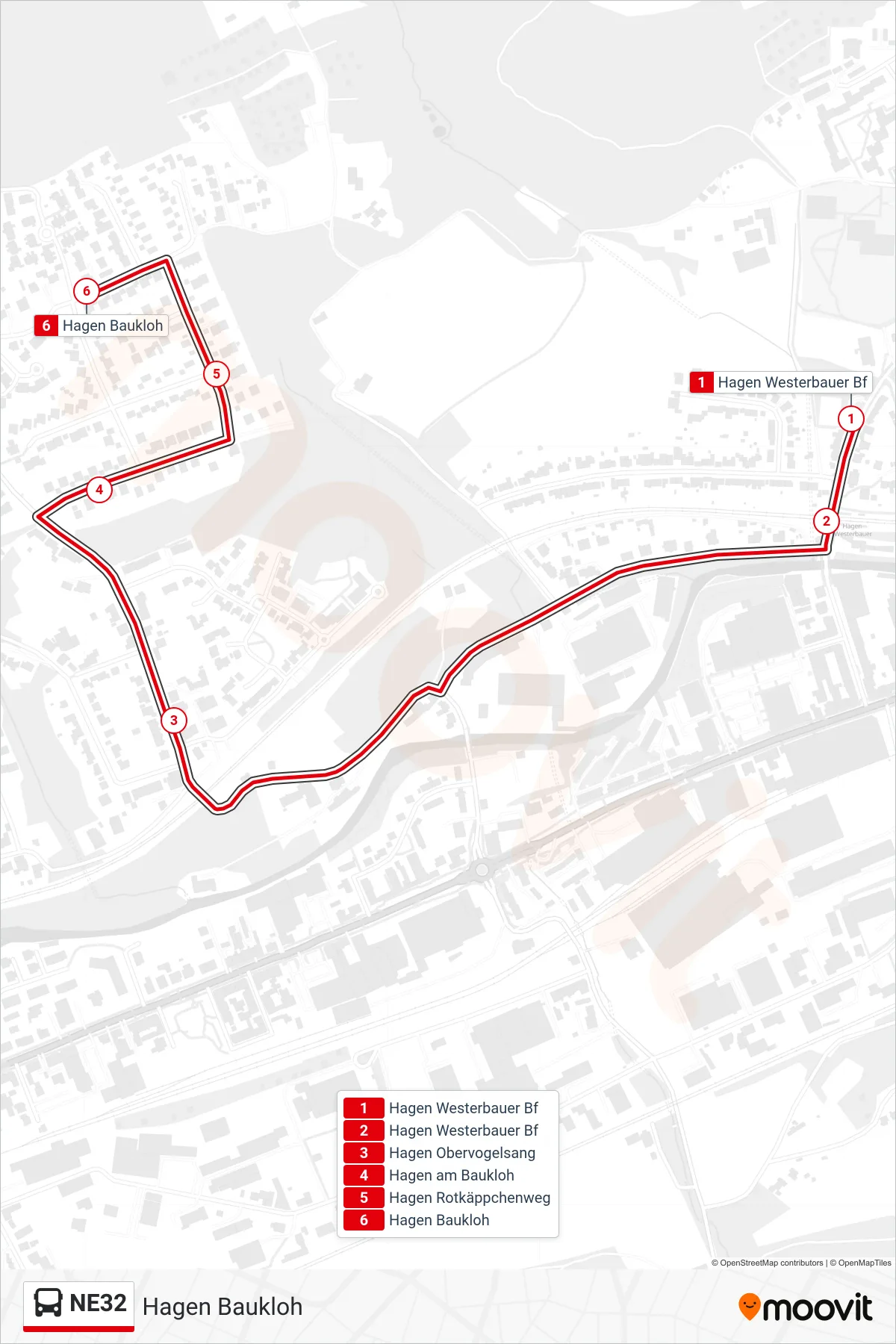 Linie NE32 (Bus) Richtung Hagen Baukloh: Route und Haltestellen auf der Karte