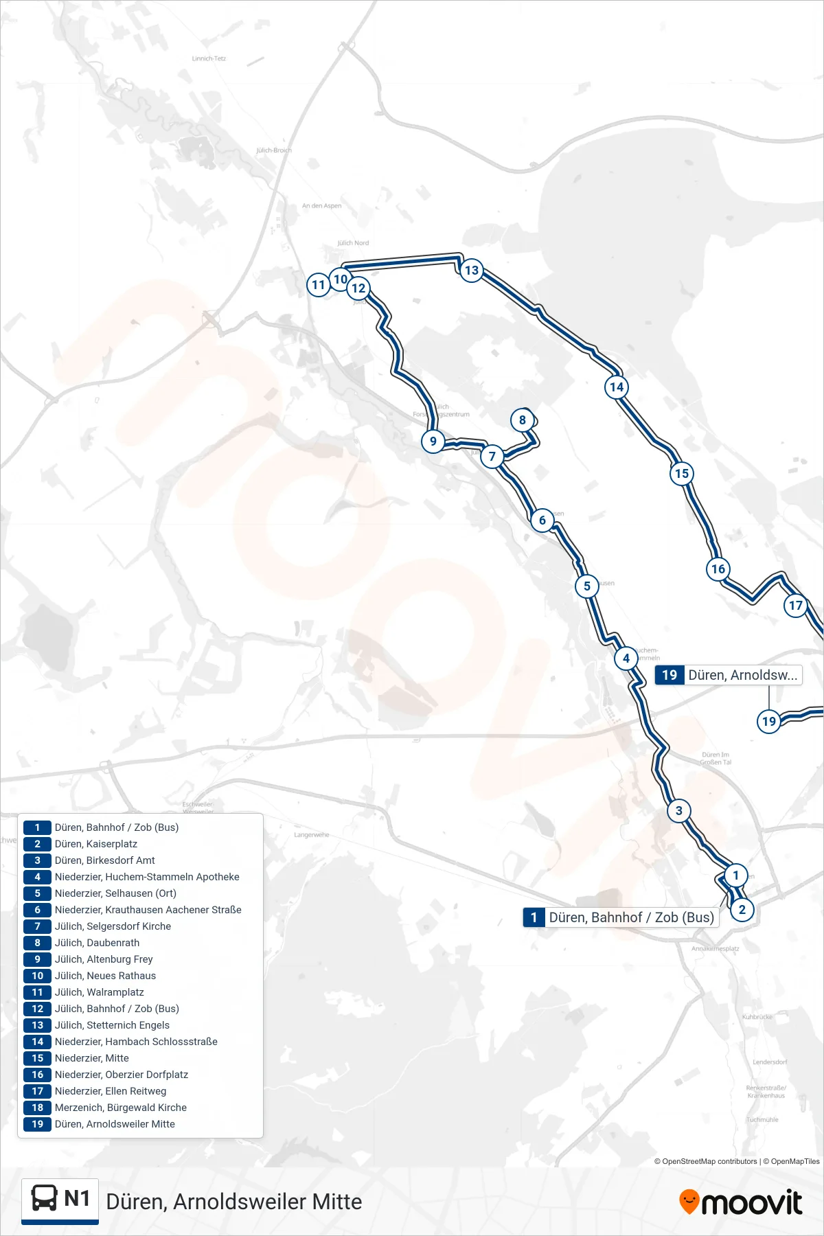 Linie N1 (Bus) Richtung Düren, Arnoldsweiler Mitte: Route und Haltestellen auf der Karte