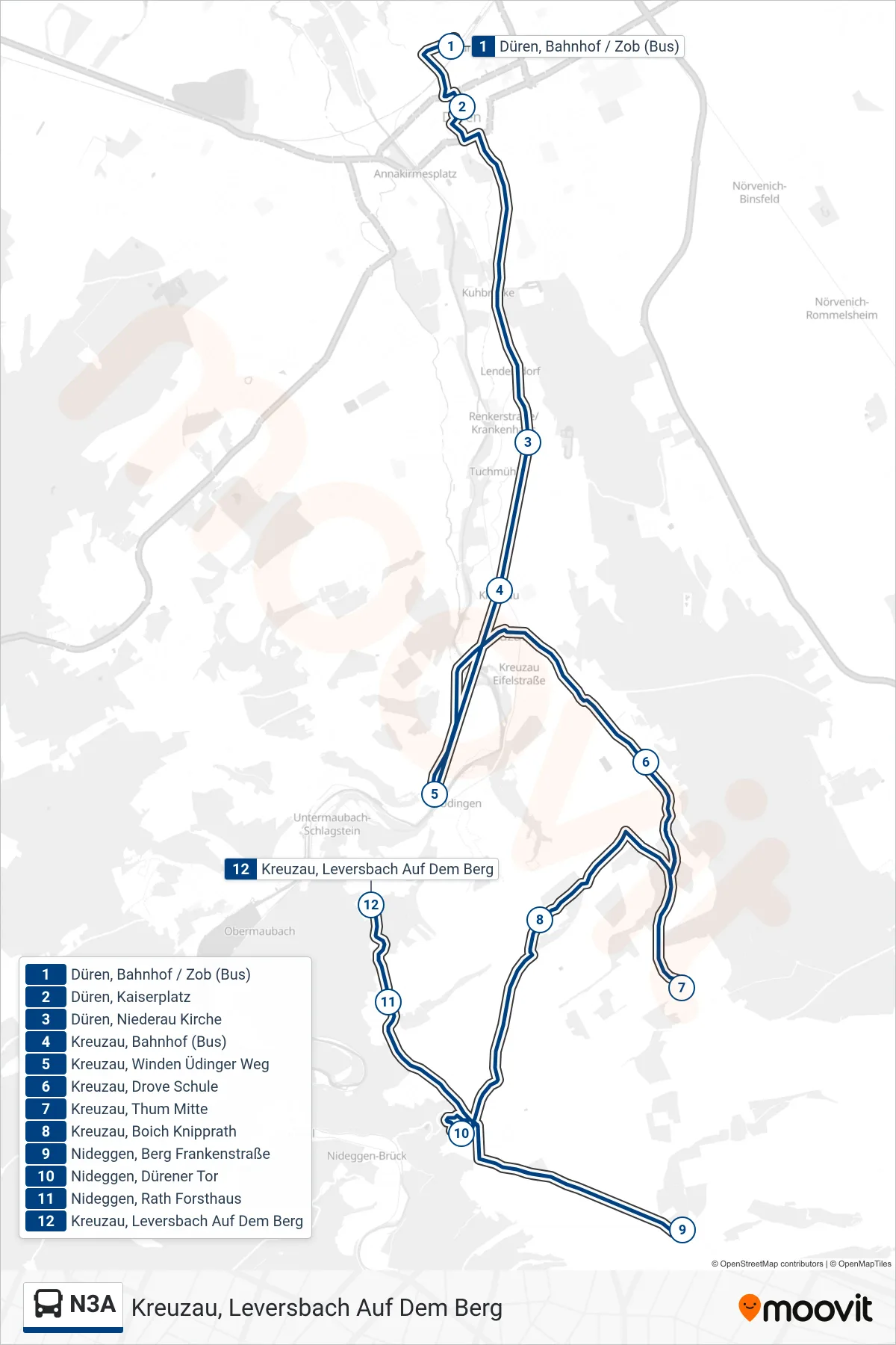 Linie N3A (Bus) Richtung Kreuzau, Leversbach Auf Dem Berg: Route und Haltestellen auf der Karte