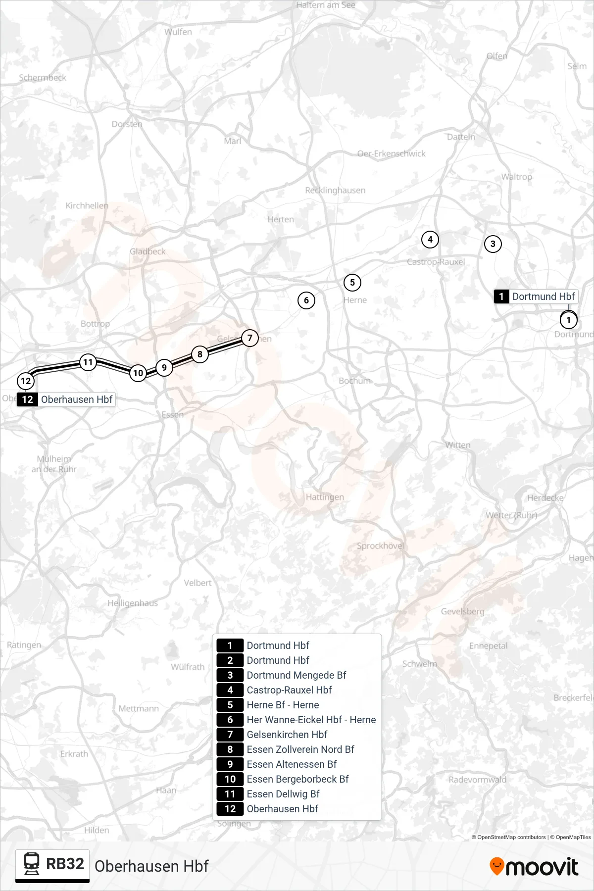 RB32 train Line (Oberhausen Hbf) route and stops on a map