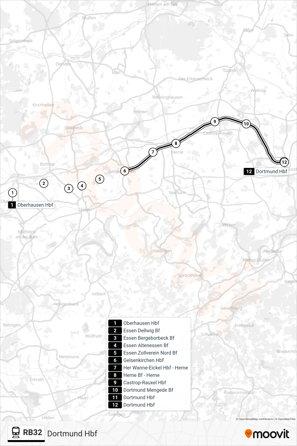 Linie RB32 (Bahn) Richtung Dortmund Hbf: Route und Haltestellen auf der Karte
