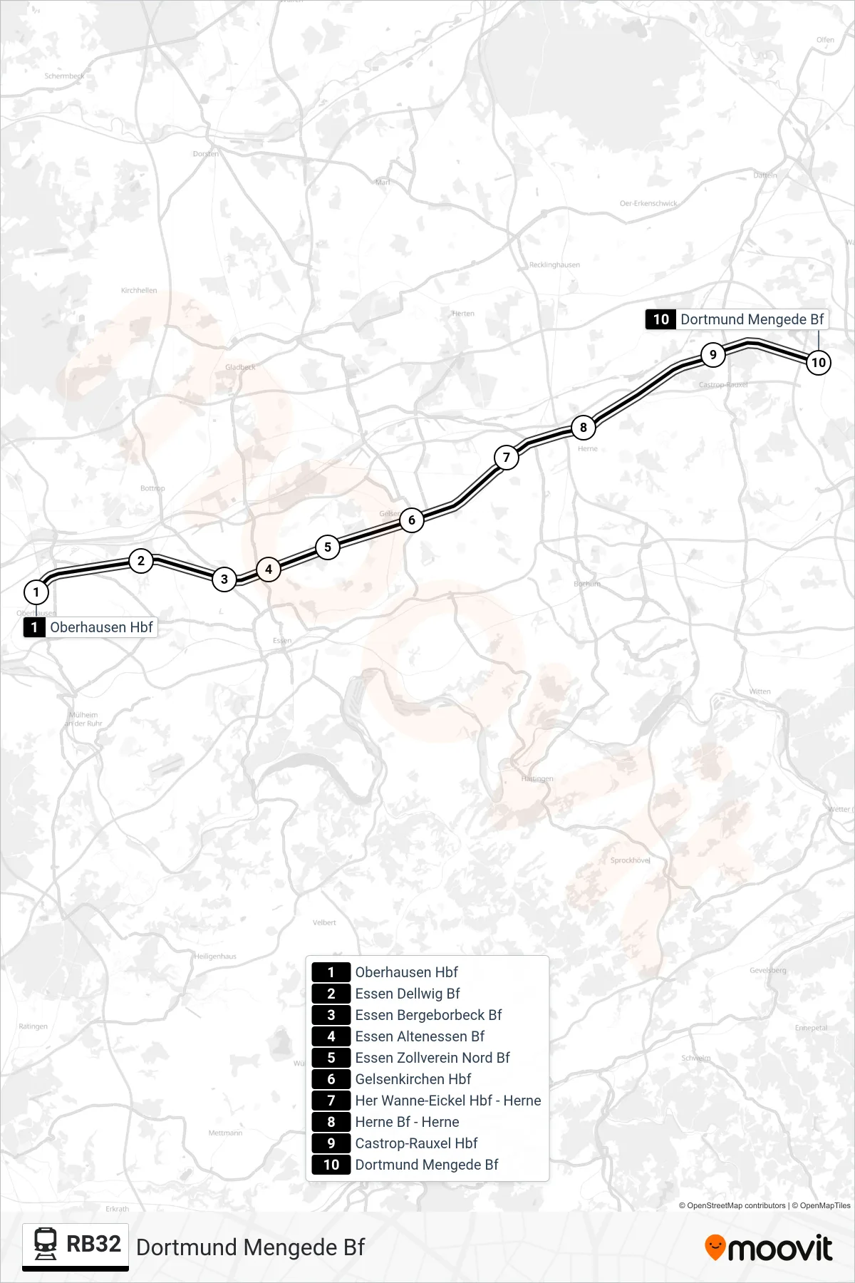 RB32 rail Line (Dortmund Mengede Bf) route and stops on a map