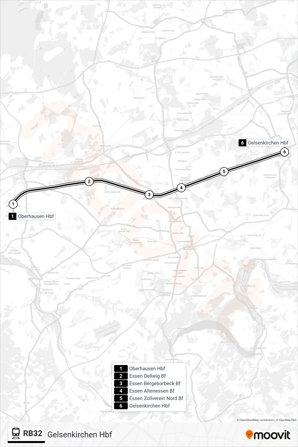 Linie RB32 (Bahn) Richtung Gelsenkirchen Hbf: Route und Haltestellen auf der Karte