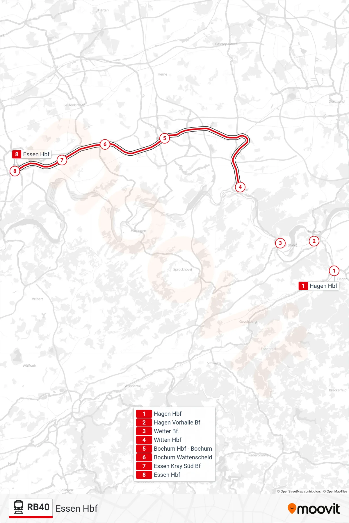 Linie RB40 (Bahn) Richtung Essen Hbf: Route und Haltestellen auf der Karte