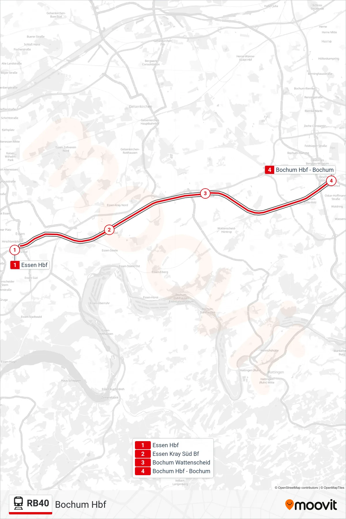 RB40 train Line (Bochum Hbf) route and stops on a map