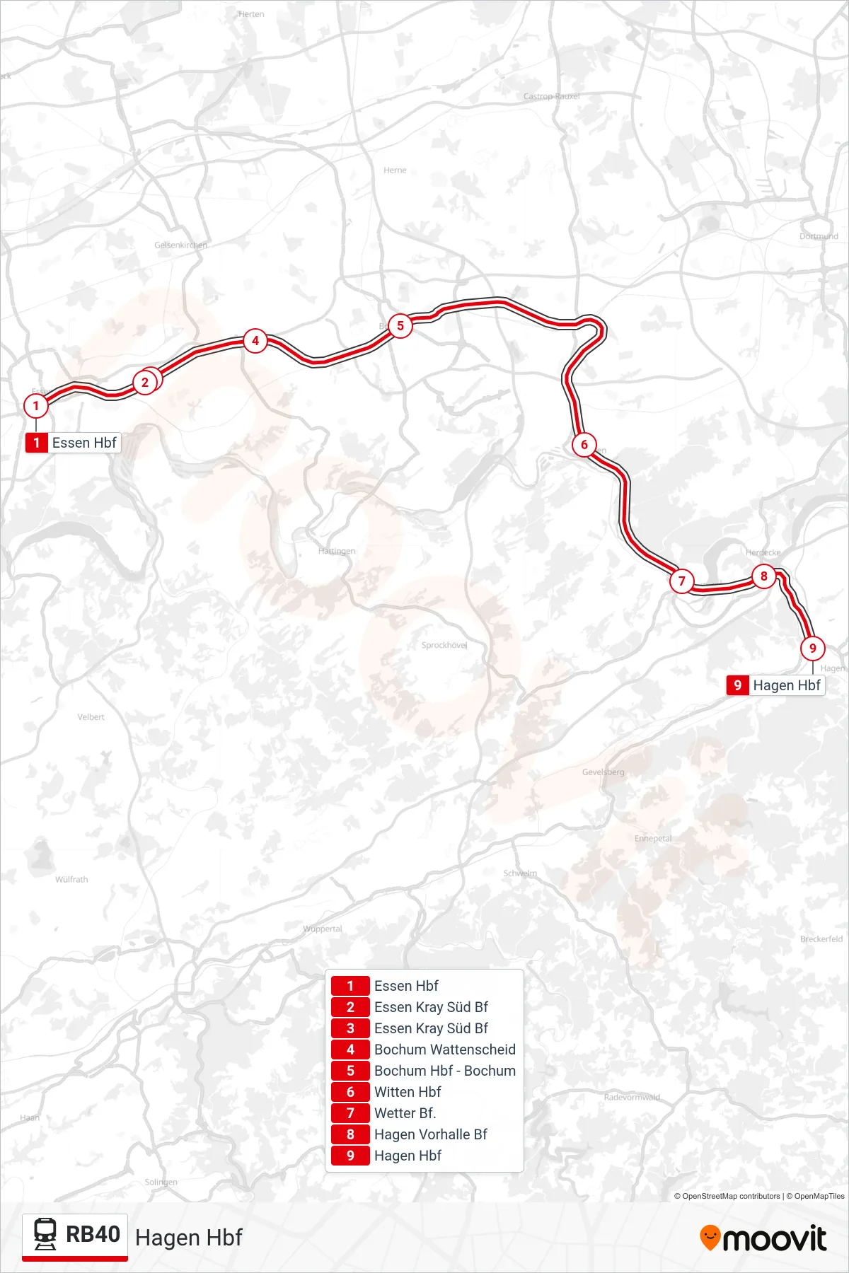 Linie RB40 (Bahn) Richtung Hagen Hbf: Route und Haltestellen auf der Karte