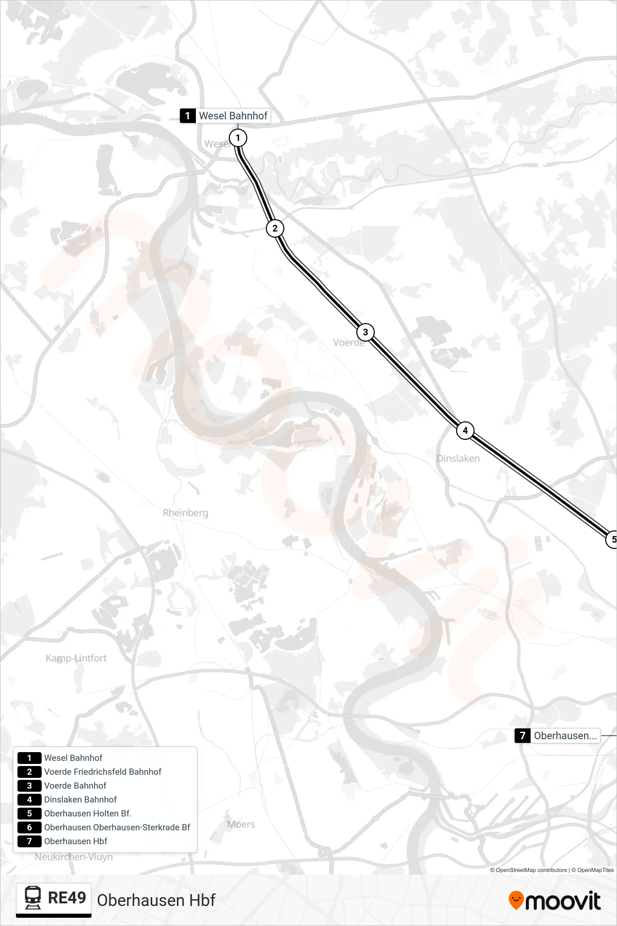 RE49 train Line (Oberhausen Hbf) route and stops on a map