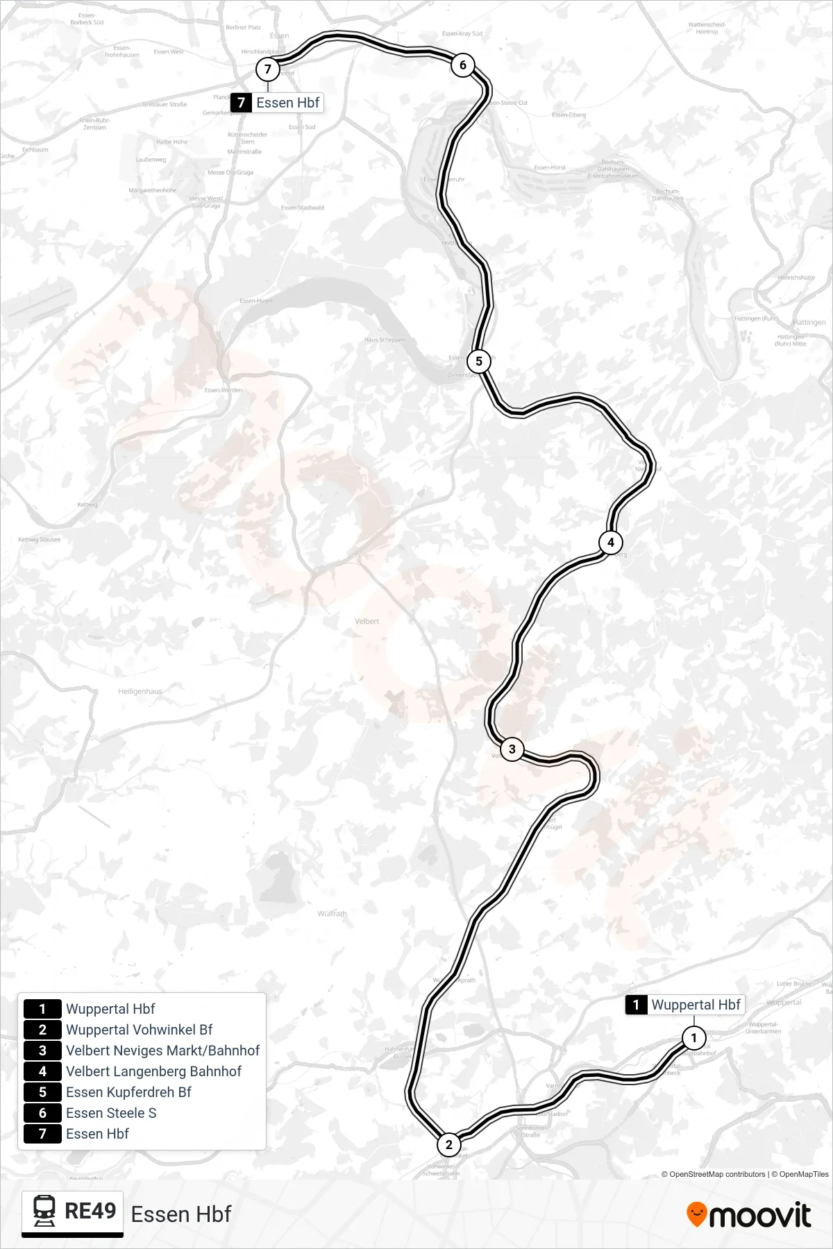 RE49 train Line (Essen Hbf) route and stops on a map