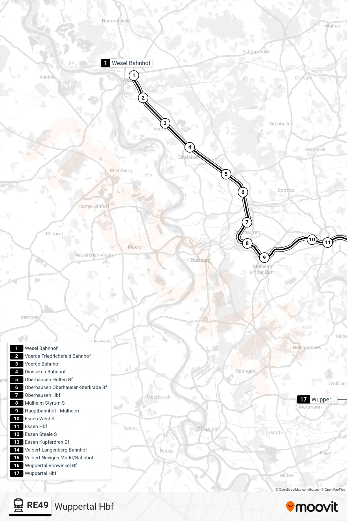 RE49 train Line (Wuppertal Hbf) route and stops on a map