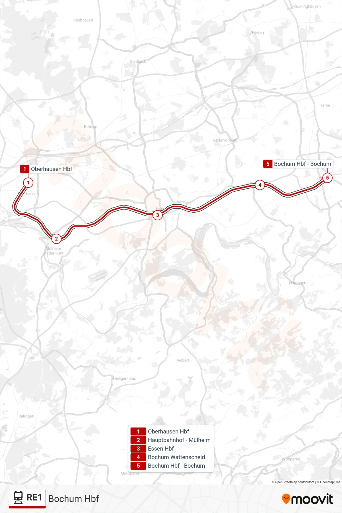 RE1 train Line (Bochum Hbf) route and stops on a map