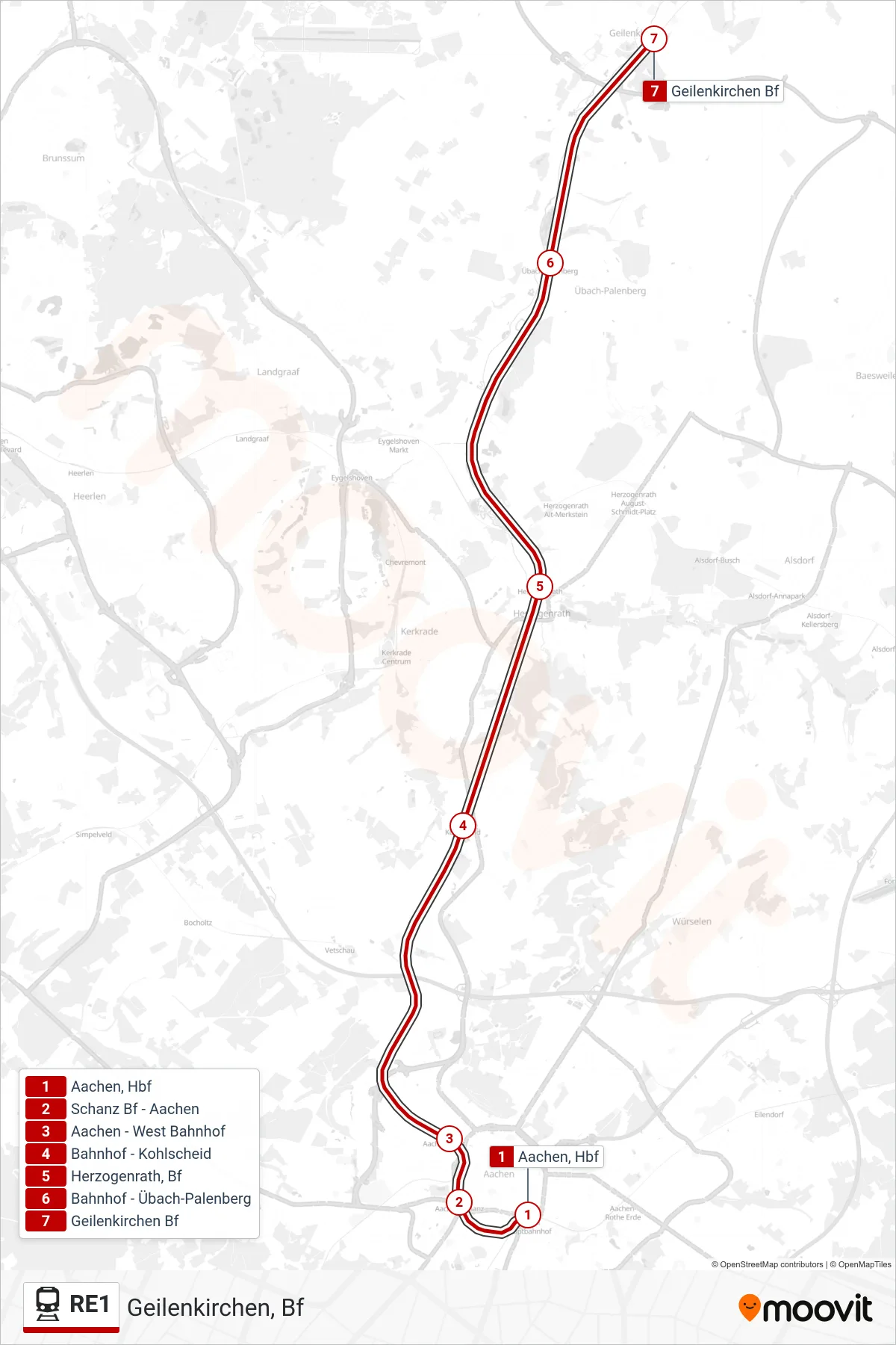 RE1 train Line (Geilenkirchen, Bf) route and stops on a map