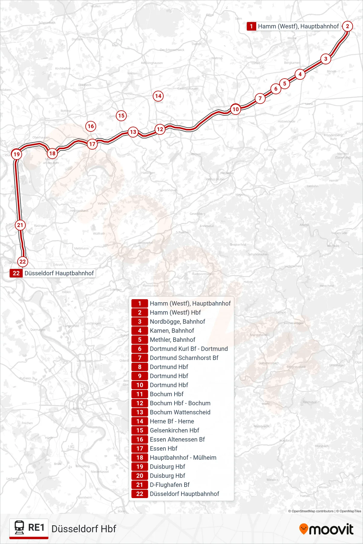 Linie RE1 (Bahn) Richtung Düsseldorf Hbf: Route und Haltestellen auf der Karte