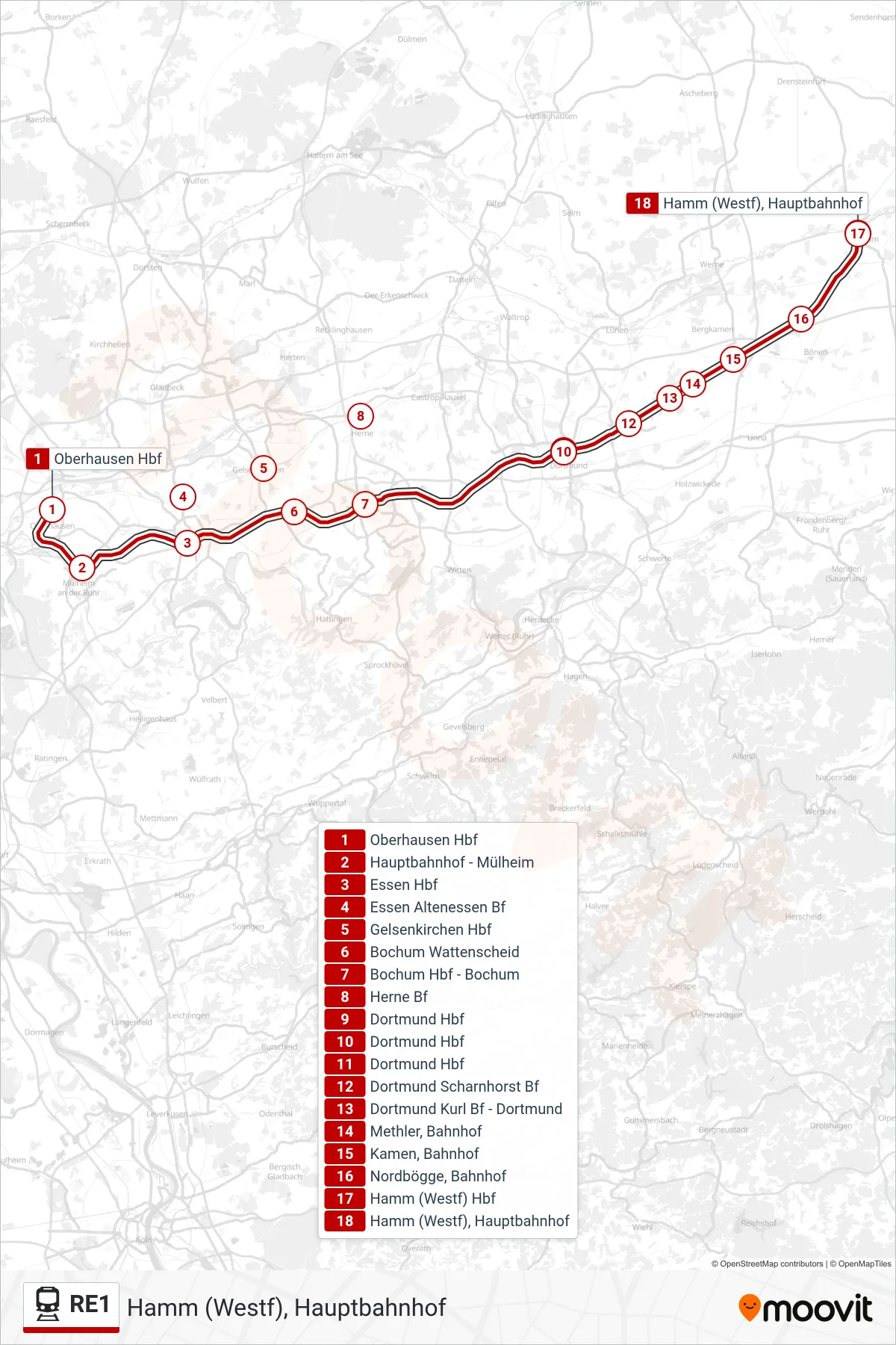 Linie RE1 (Bahn) Richtung Hamm (Westf), Hauptbahnhof: Route und Haltestellen auf der Karte