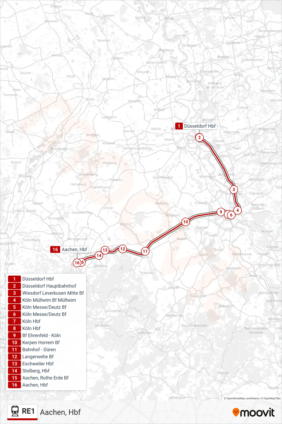 Linie RE1 (Bahn) Richtung Aachen, Hbf: Route und Haltestellen auf der Karte