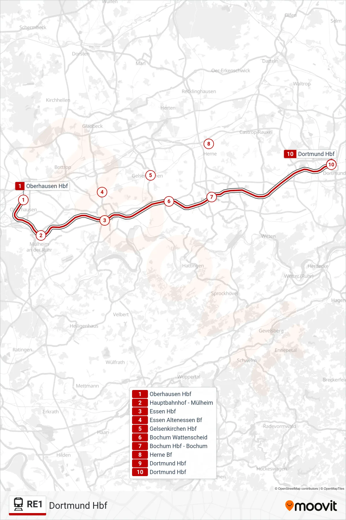 Linie RE1 (Bahn) Richtung Dortmund Hbf: Route und Haltestellen auf der Karte