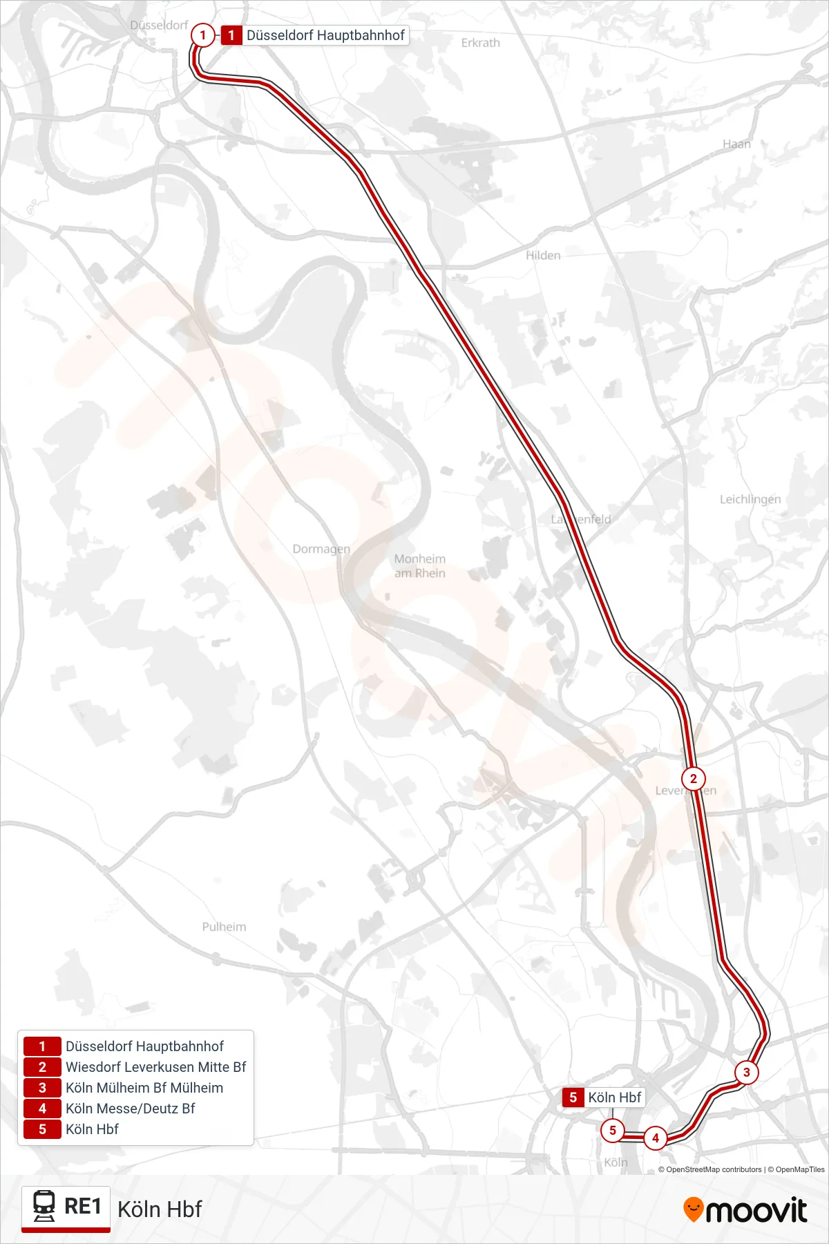 RE1 train Line (Köln Hbf) route and stops on a map
