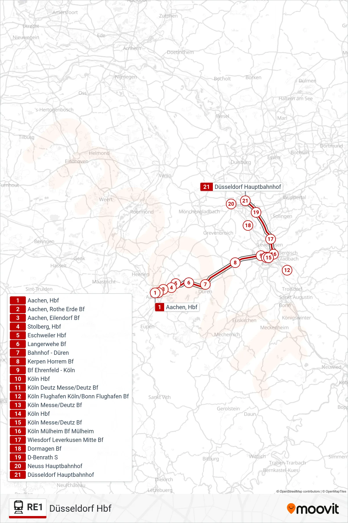 Linie RE1 (Bahn) Richtung Düsseldorf Hbf: Route und Haltestellen auf der Karte