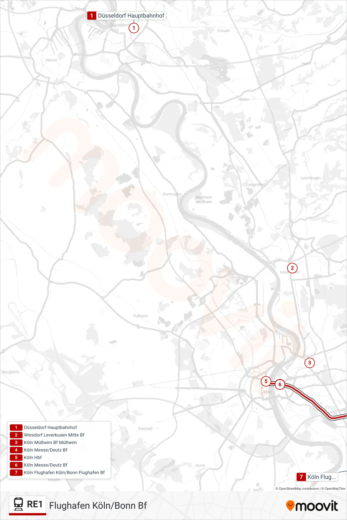 Linie RE1 (Bahn) Richtung Flughafen Köln/Bonn Bf: Route und Haltestellen auf der Karte