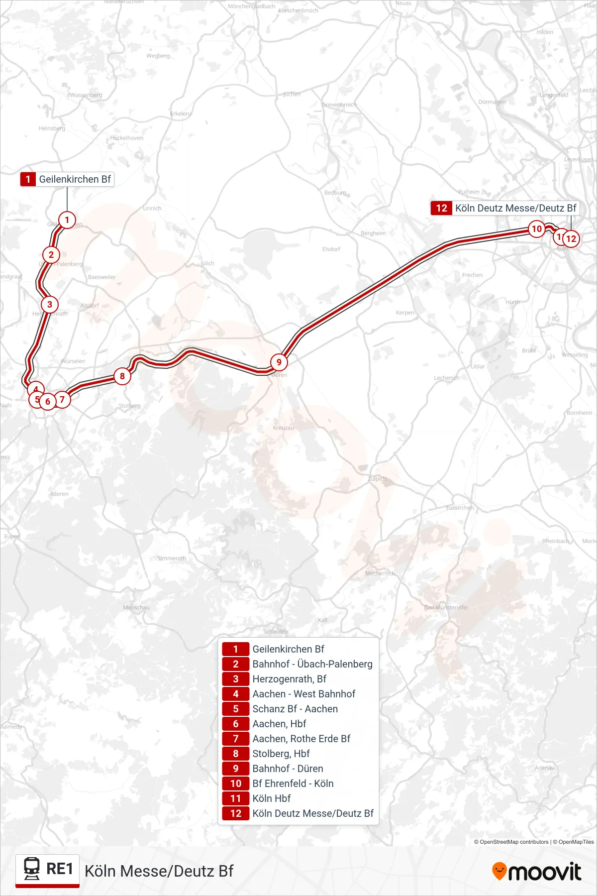 Linie RE1 (Bahn) Richtung Köln Messe/Deutz Bf: Route und Haltestellen auf der Karte