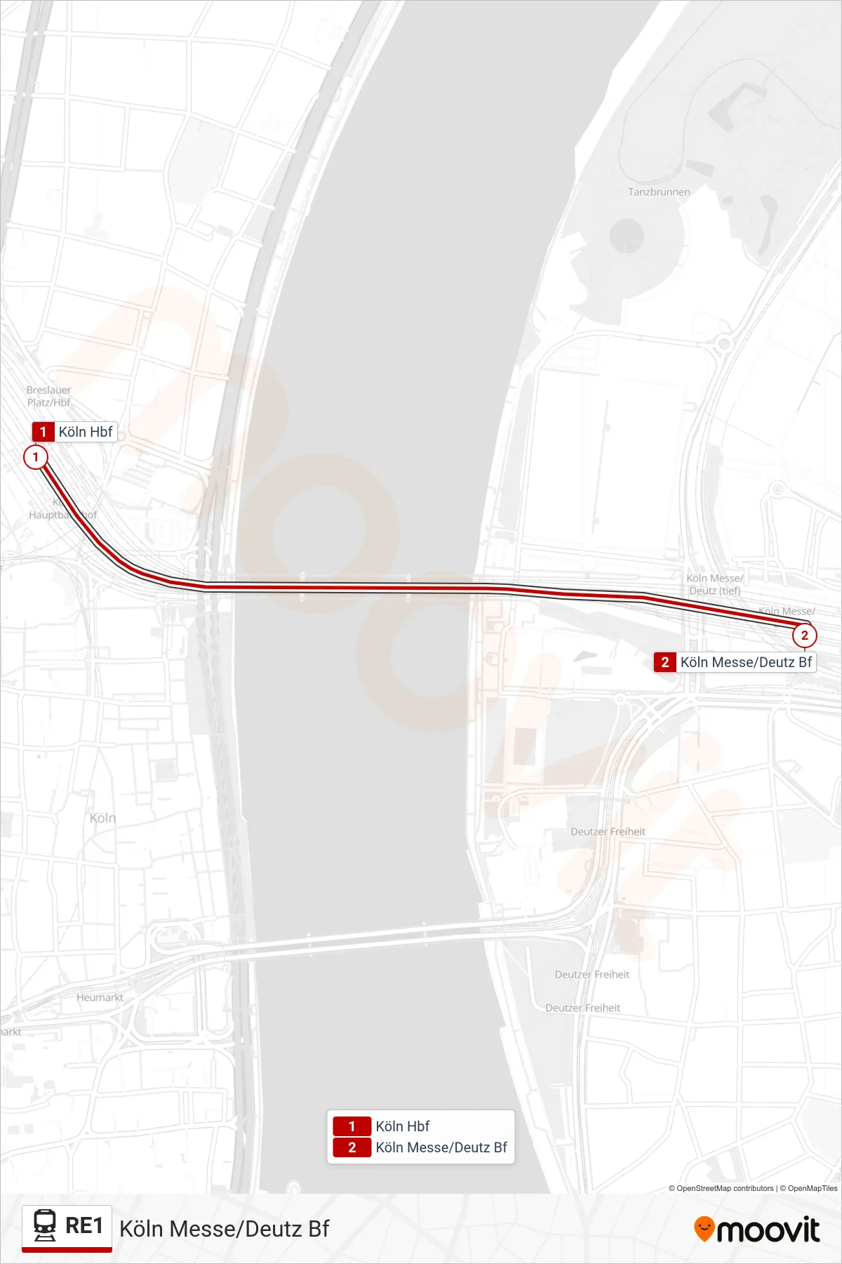 RE1 train Line (Köln Messe/Deutz Bf) route and stops on a map