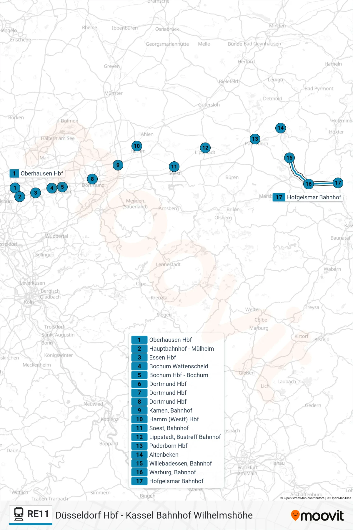 RE11 train Line (Hofgeismar Bahnhof) route and stops on a map