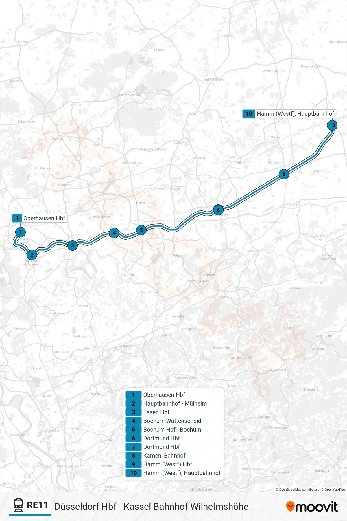 RE11 train Line (Hamm (Westf), Hauptbahnhof) route and stops on a map