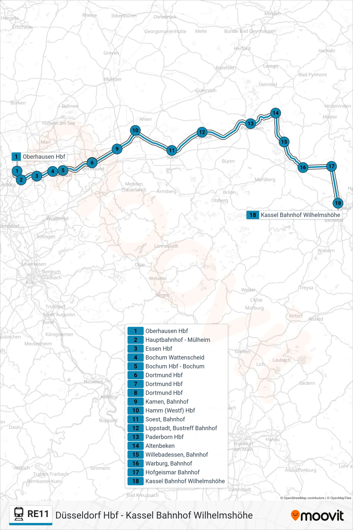RE11 rail Line (Kassel Bahnhof Wilhelmshöhe) route and stops on a map