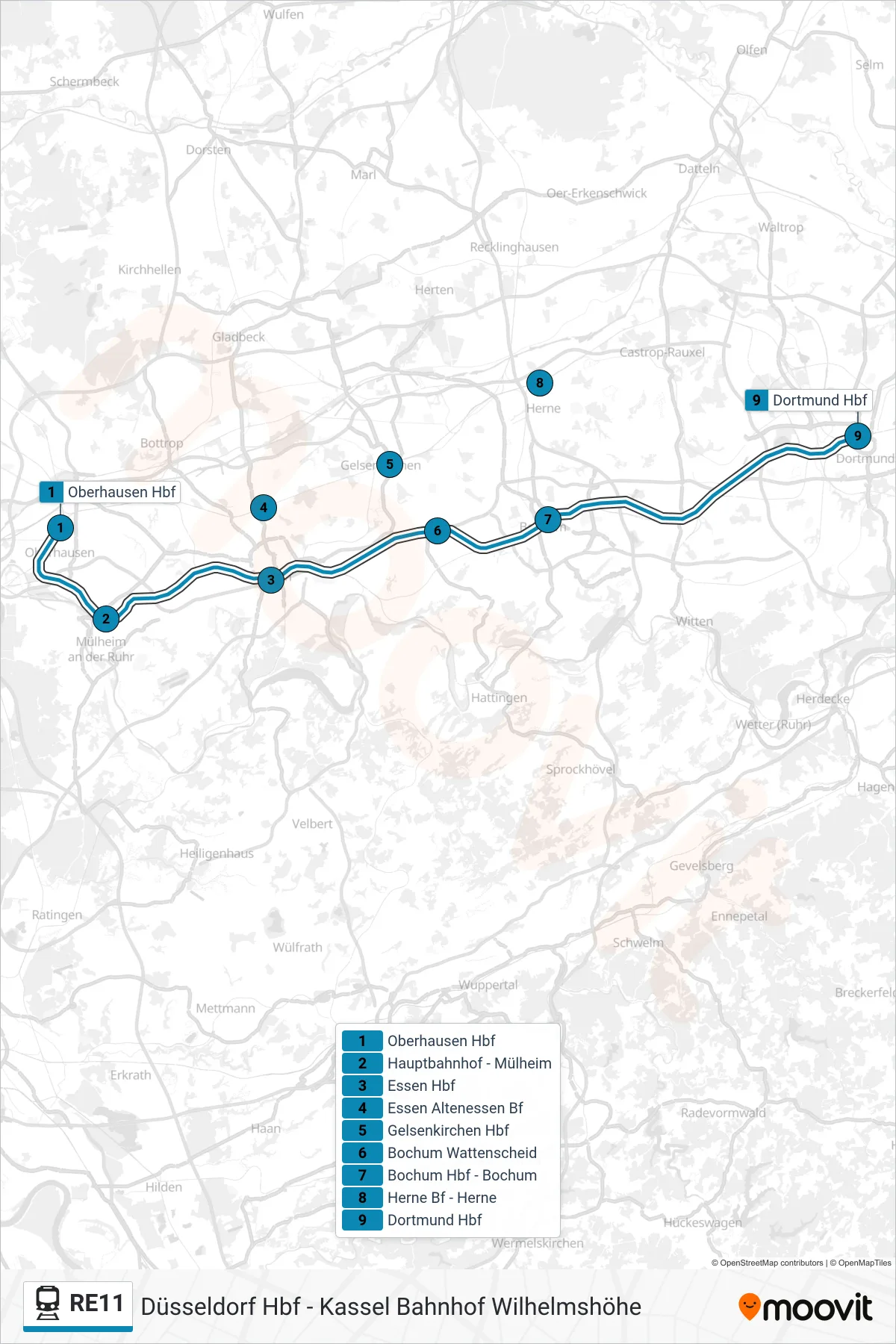 RE11 train Line (Dortmund Hbf) route and stops on a map