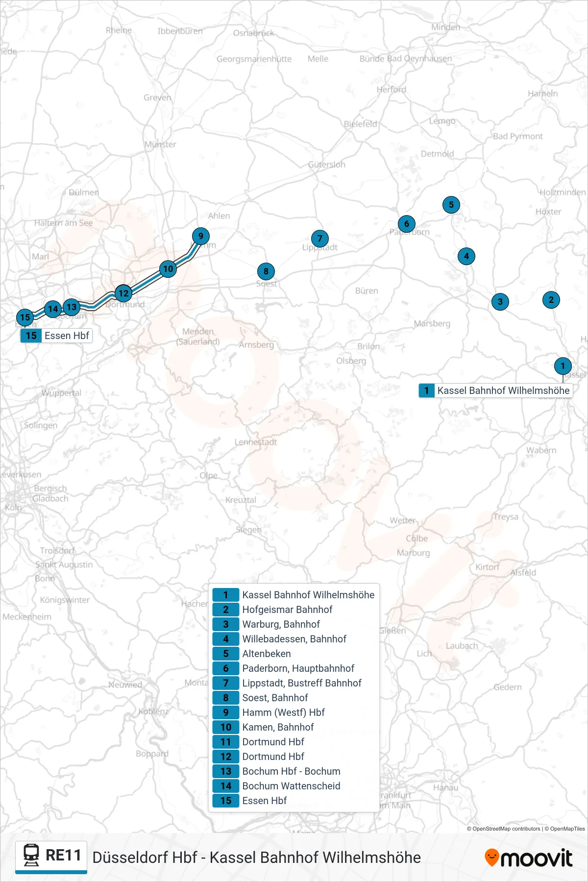 RE11 train Line (Essen Hbf) route and stops on a map