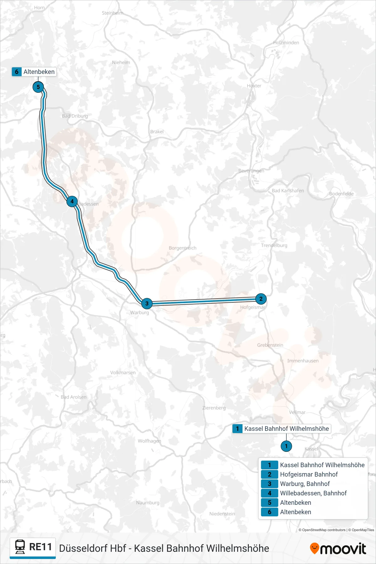 RE11 train Line (Altenbeken) route and stops on a map