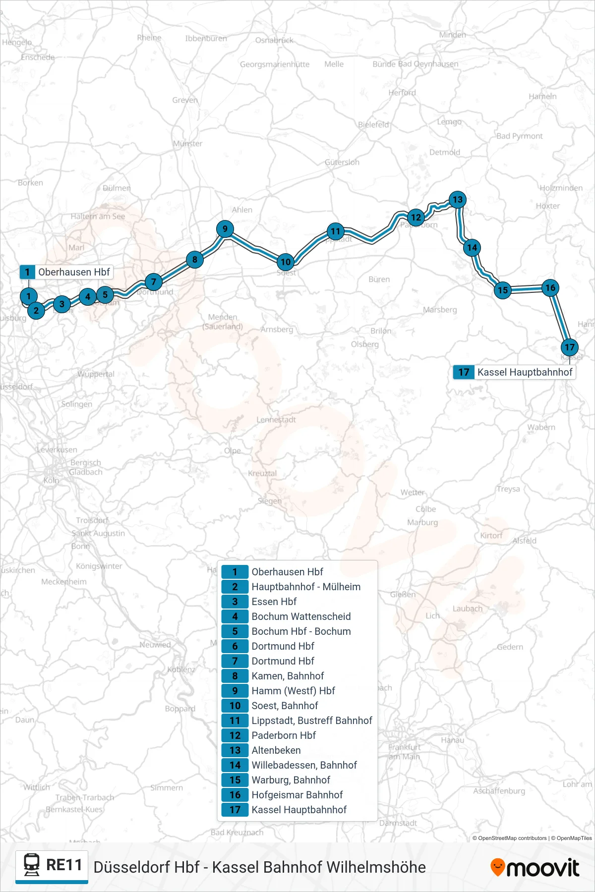 RE11 train Line (Kassel Hauptbahnhof) route and stops on a map