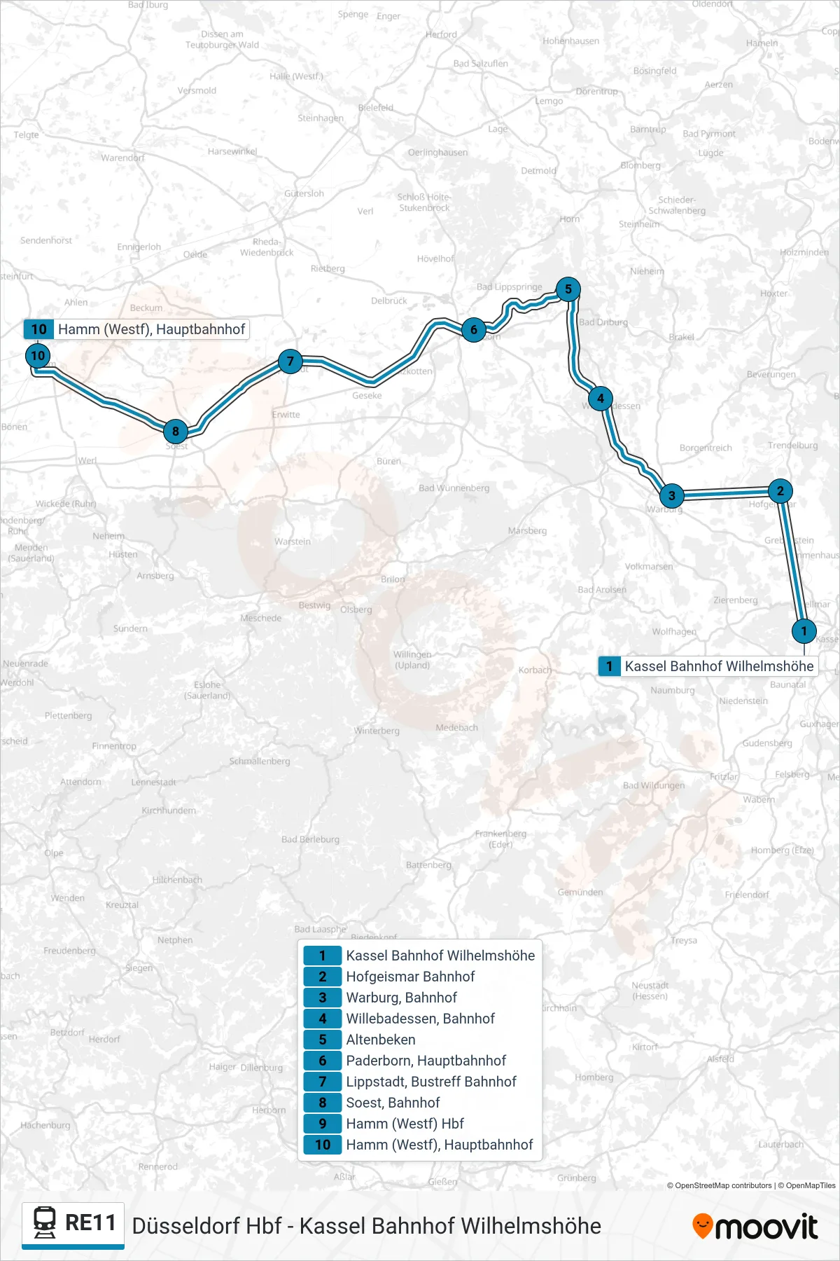RE11 train Line (Hamm (Westf), Hauptbahnhof) route and stops on a map
