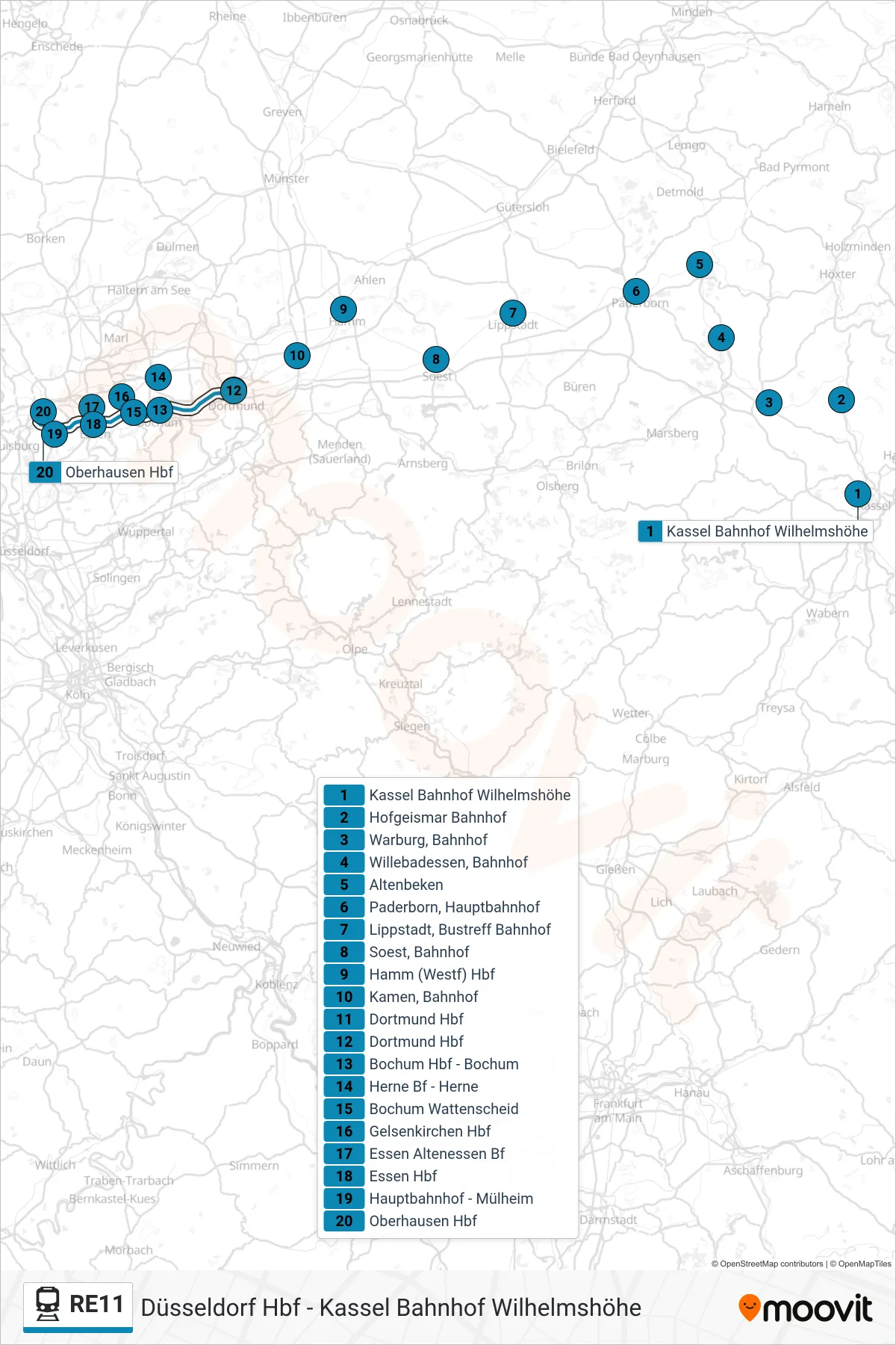RE11 rail Line (Oberhausen Hbf) route and stops on a map