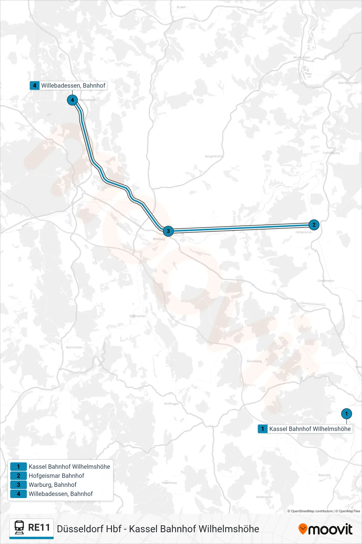 RE11 train Line (Willebadessen, Bahnhof) route and stops on a map