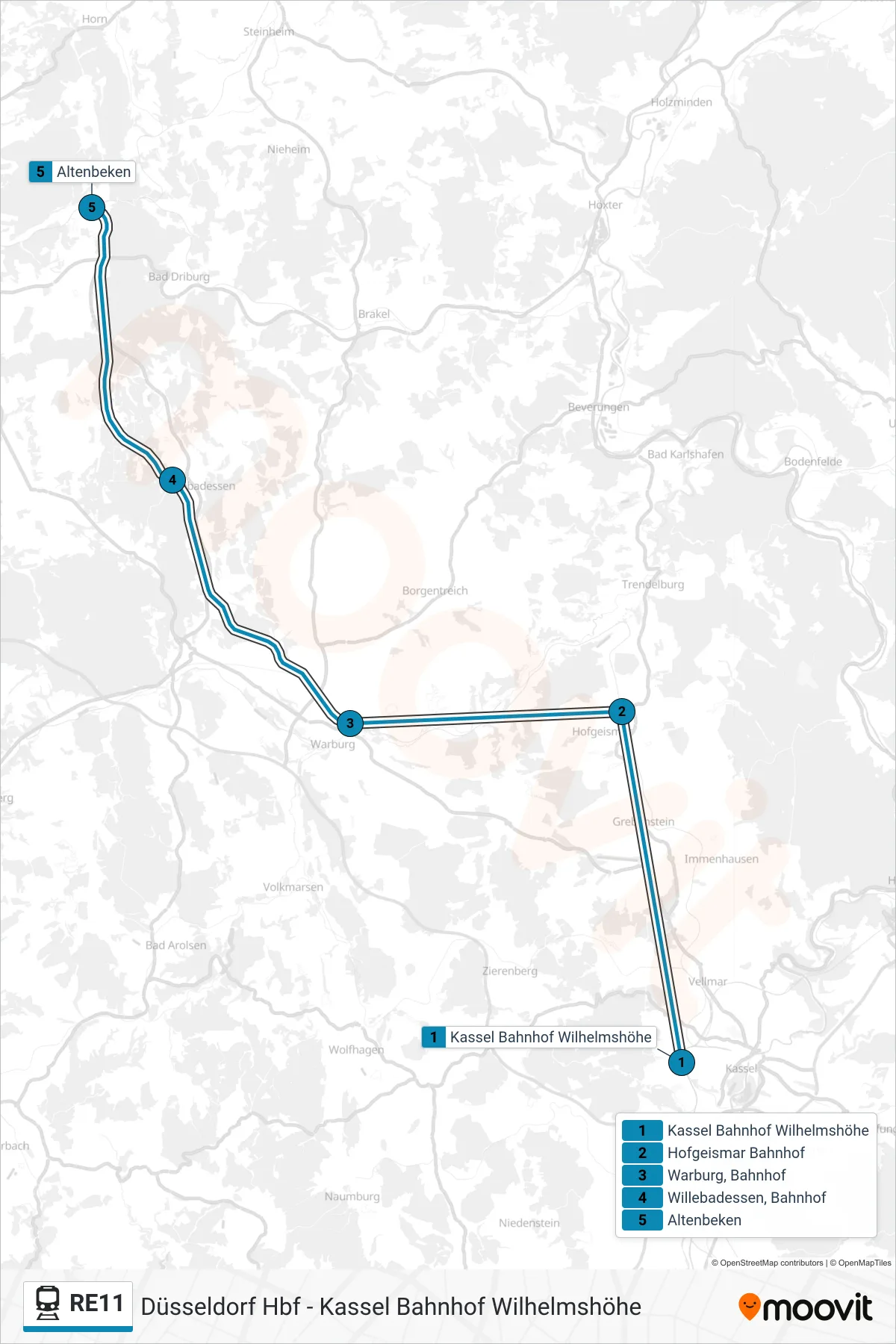 RE11 rail Line (Altenbeken) route and stops on a map