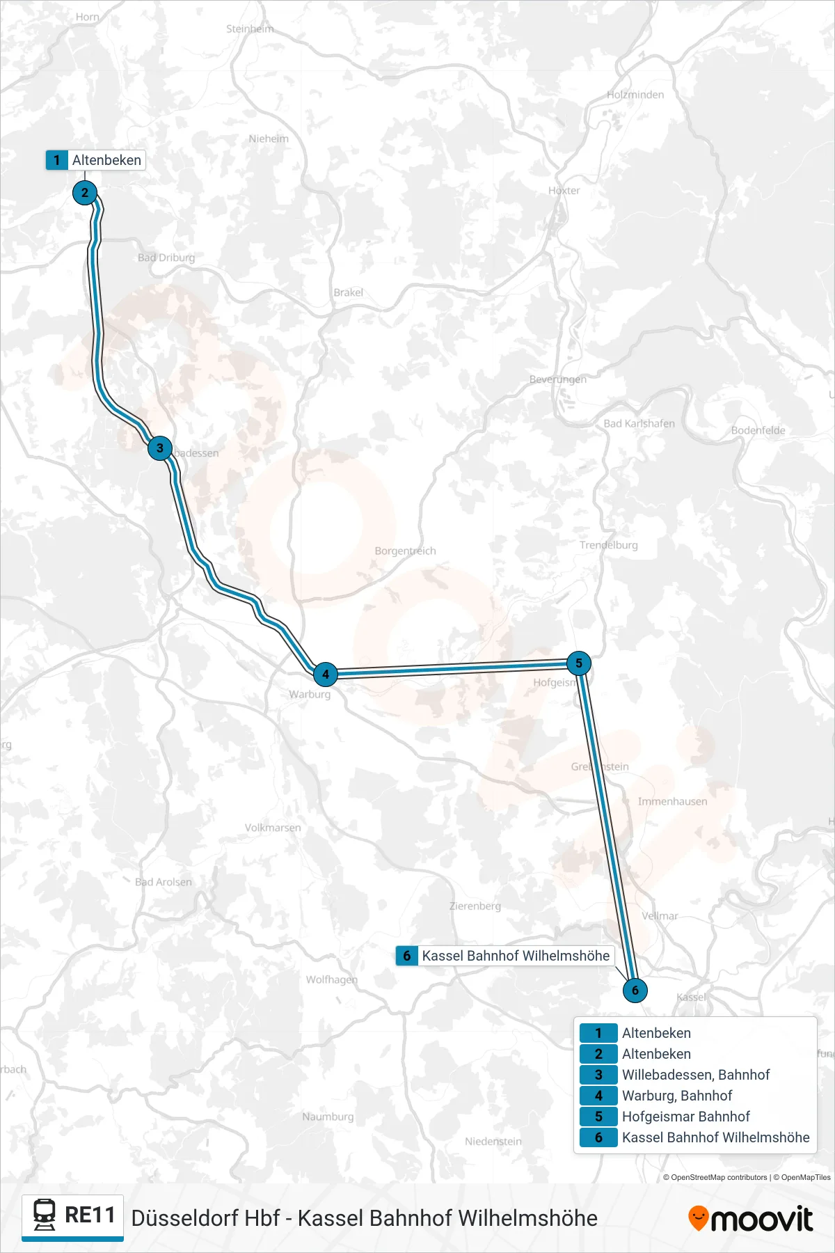 RE11 train Line (Kassel Bahnhof Wilhelmshöhe) route and stops on a map