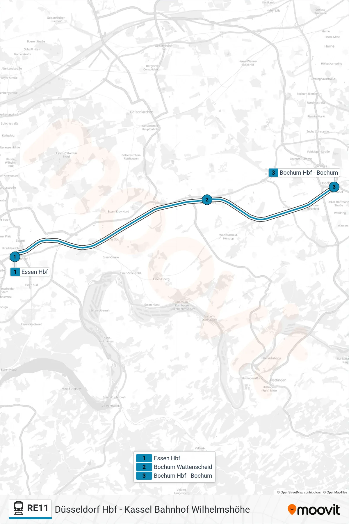 Linie RE11 (Bahn) Richtung Bochum Hbf: Route und Haltestellen auf der Karte