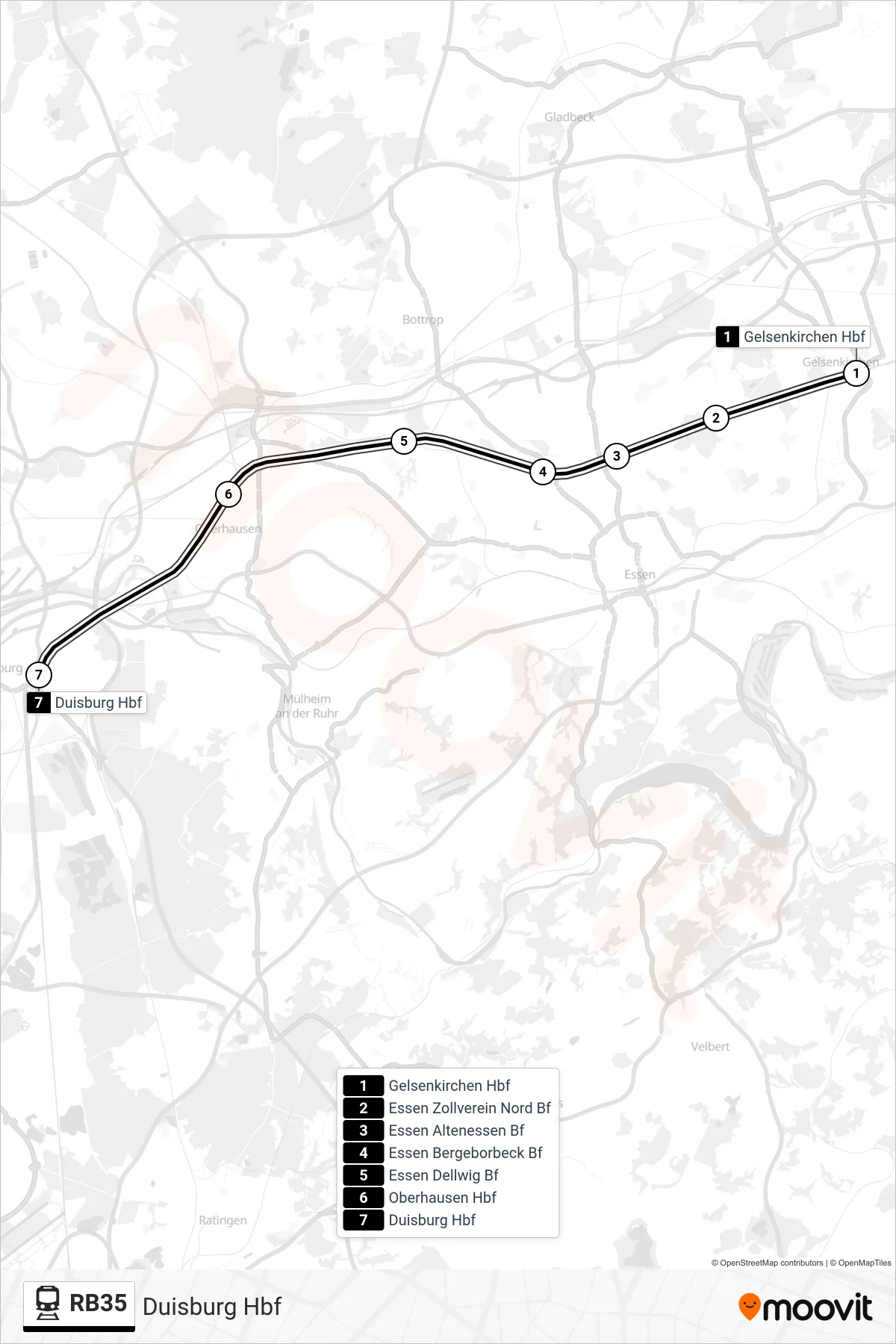 RB35 rail Line (Duisburg Hbf) route and stops on a map