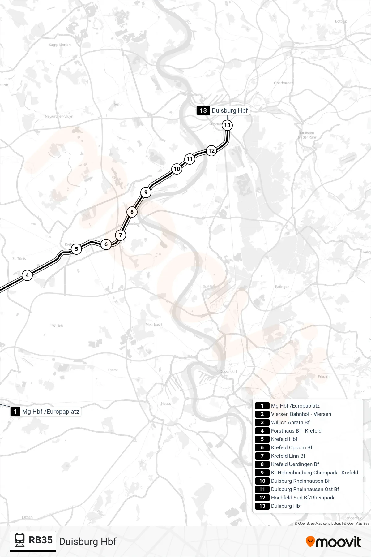 RB35 train Line (Duisburg Hbf) route and stops on a map