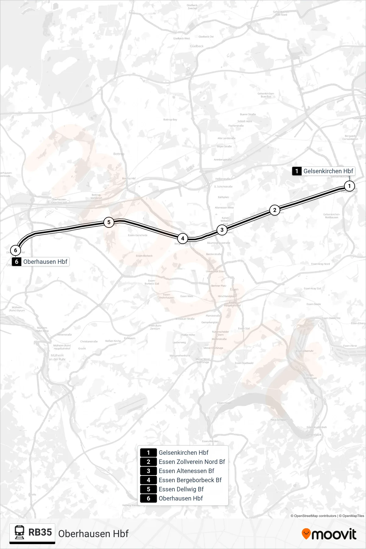 RB35 train Line (Oberhausen Hbf) route and stops on a map