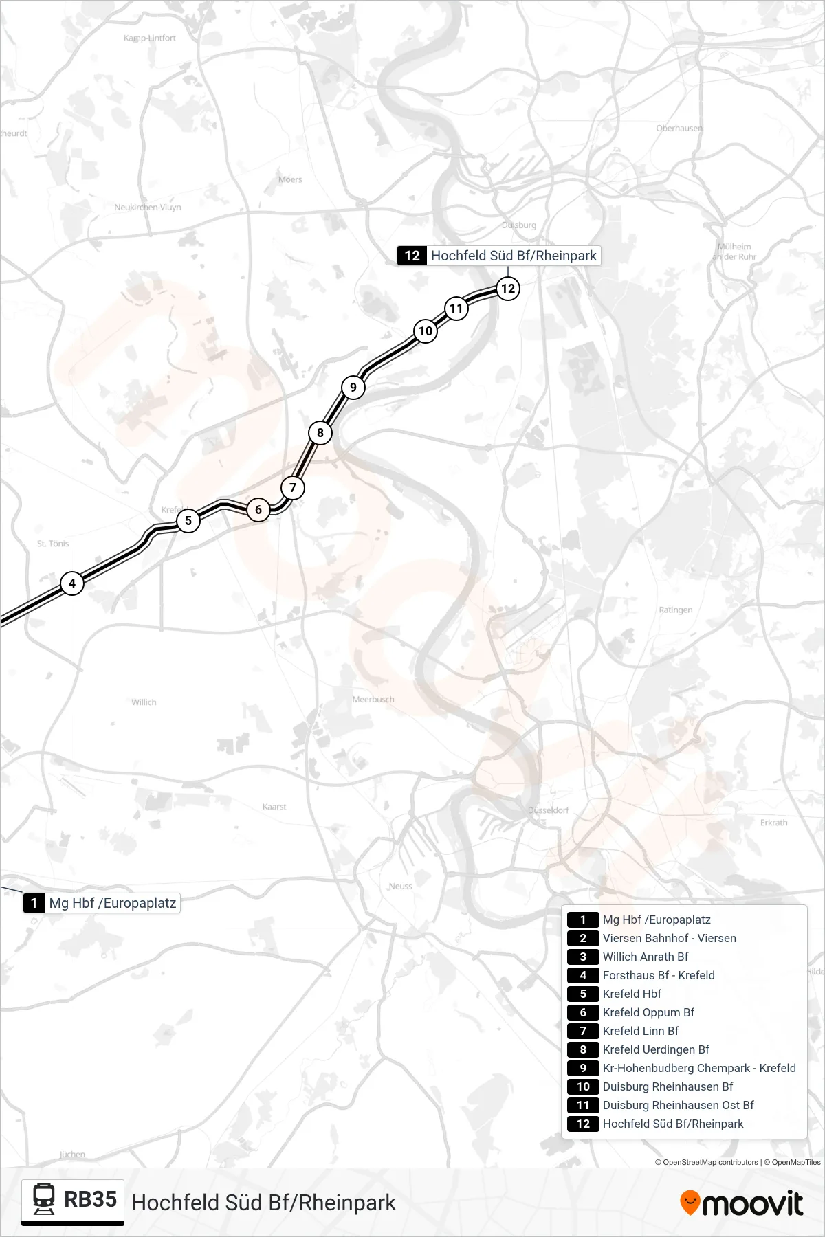 RB35 train Line (Hochfeld Süd Bf/Rheinpark) route and stops on a map